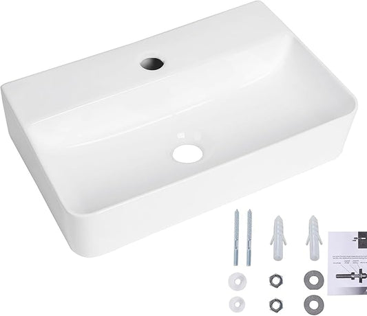 Wall Mounted Bathroom Vessel Sink, QISHKA 18" X 11" Rectangular Floating Ceramic Wash Hand Basin White Wall Hung Vanity Sink for Bathroom and Cloakroom
