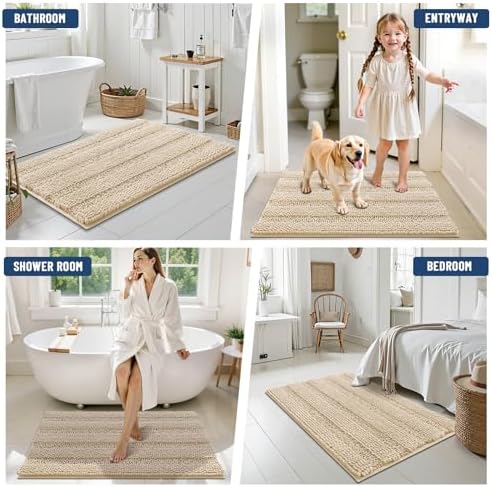 Grandaily Chenille Striped Bathroom Rugs 70x24, Extra Thick and Soft Absorbent Bath Mats, Rubber Backing, Plush Shaggy Shower Carpet, Machine Wash Dry, Bath Rug for Bathroom, Light Beige