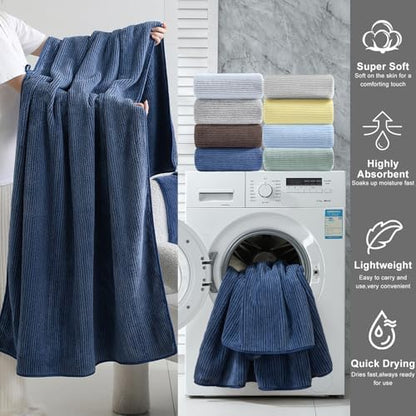 8-Piece Premium Towel Set for Bathroom|2 Oversized Large Bath Sheet,2 Hand Towels,4 Washcloths|Soft Cozy Highly Absorbent Fast Dry Microfiber Shower Towel Set for Hotel Bathroom Essentials,Navy Blue