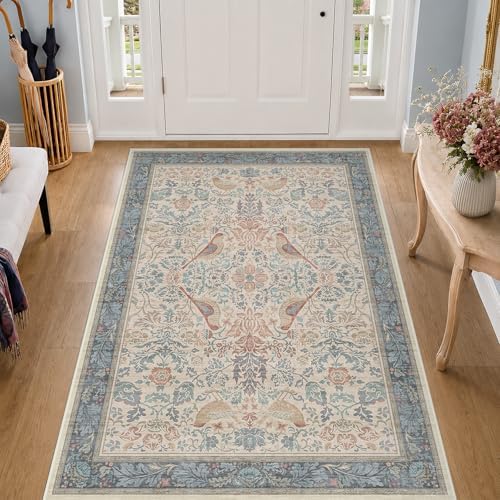 Boho Natural Red Blue 3x5 Entryway Rug, Washable Mudroom Area Rug, Modern Vintage Kitchen Floor Carpet, Low Pile Non-Slip Carpet for Indoor Entrance and Laundry Room