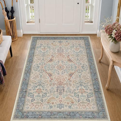 Boho Natural Red Blue 3x5 Entryway Rug, Washable Mudroom Area Rug, Modern Vintage Kitchen Floor Carpet, Low Pile Non-Slip Carpet for Indoor Entrance and Laundry Room