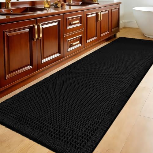 Extra Large Waffle Bath Mat, 6'x2' Black-Bordered, Super Absorbent Non-Slip Quick Dry Bathroom Rugs with Tassels, Machine Washable Ultra Soft Boho Bath Rugs for Floor, Toilet Mats Boho Farmhouse Decor