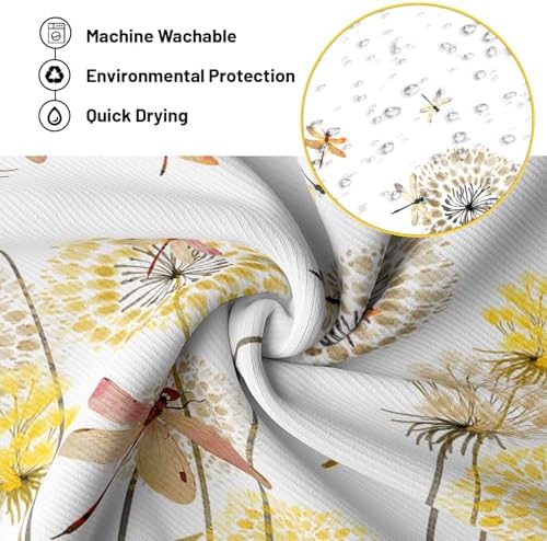 Yellow Dandelion Shower Curtain Spring Dragonfly Tan White Watercolor Shower Curtains for Bathroom Decor, Waterproof Cloth Fabric with Hooks 70" Wx72 L