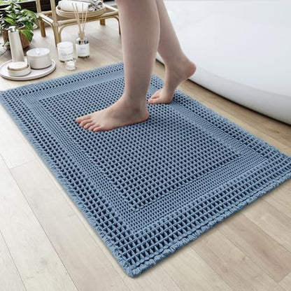 AMOAMI Waffle Bath-Mat, Absorbent Bath Mats for Bathroom Non Slip, Machine Washable Bathroom Rugs with Tassels Ultra Soft Boho Bath Rugs for Floor 24"x36" Blue
