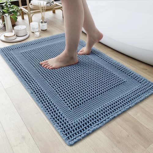 AMOAMI Waffle Bath Mat, Absorbent Bathroom Rugs Non Slip 17''x24'' Blue