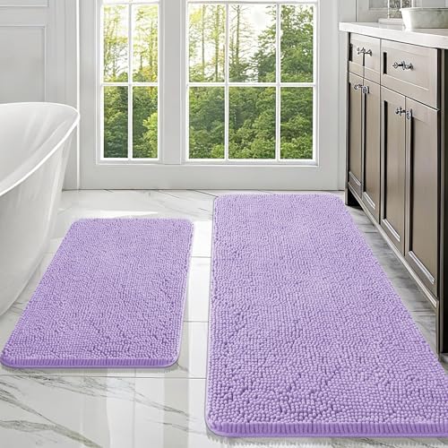 OLANLY Chenille Bathroom Rugs Mats Sets 2 Piece, 47"x20"+30"x20", Lavender