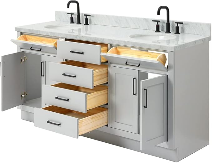 ARIEL Hepburn 72-inch Bathroom Vanity with Sink,Solid Wood, 1.5-inch Italian Carrara Marble Countertop & Backsplash, Double Oval Porcelain Sink, 4 Soft Closing Doors, 6 Dovetail Drawers, Grey