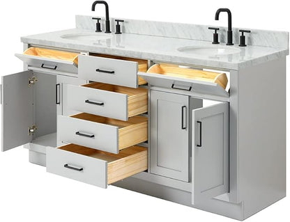 ARIEL Hepburn 72-inch Bathroom Vanity with Sink,Solid Wood, 1.5-inch Italian Carrara Marble Countertop & Backsplash, Double Oval Porcelain Sink, 4 Soft Closing Doors, 6 Dovetail Drawers, Grey