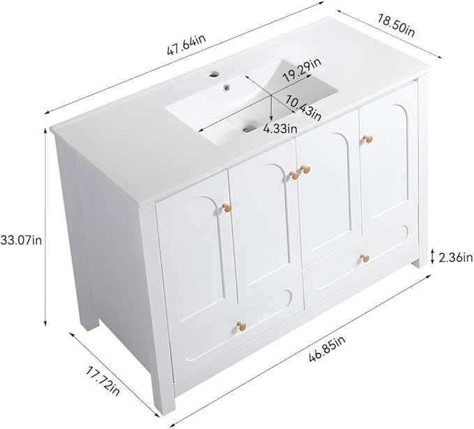 LZ LEISURE ZONE 48" Bathroom Vanity with Ceramic Sink Combo, Abundant Cabinet -4 Soft Close Doors and 2 Drawers, White