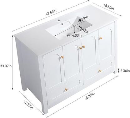 LZ LEISURE ZONE 48" Bathroom Vanity with Ceramic Sink Combo, Abundant Cabinet -4 Soft Close Doors and 2 Drawers, White