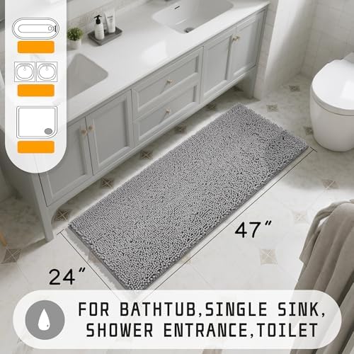 Yimobra Long Bathroom Rugs 47"x24", Extra Soft Non Slip Bath Mat for Tub, Super Absorbent Quick Dry Shaggy Rug Floor Carpet, Machine Washable,Gray