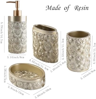 Hymmah Bathroom Accessories Set,Golden Design Toothbrush Holder,Farmhouse Bathroom Decor,4 Pcs Resin Gift Set Apartment Necessities, Contain Toothbrush Cup,Soap Dispenser,Soap Dish,Tumbler
