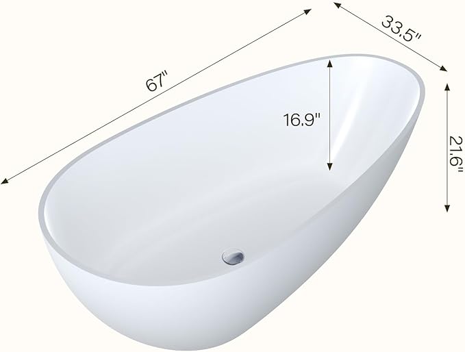 67" Freestanding Bathtub, Solid Surface Soaking Tub - Oval Egg Shell Stone Resin with Pop-Up Drain & Overflow, CUPC Certified Matte White Deep Soaking Tub with Ergonomic Design for Luxury Bathroom