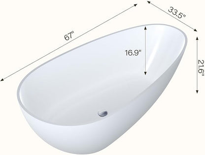 67" Freestanding Bathtub, Solid Surface Soaking Tub - Oval Egg Shell Stone Resin with Pop-Up Drain & Overflow, CUPC Certified Matte White Deep Soaking Tub with Ergonomic Design for Luxury Bathroom