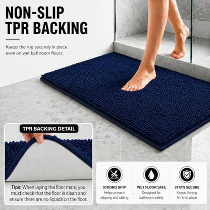 Bathroom Rugs Sets 2 Piece,Super Absorbent Soft,Thick,Machine Washable Chenille Bath Mat,Non Slip Toilet Floor Rug,Bath Mats for Bathroom,20x32 Plus 20x20 U Shape,Navy Blue