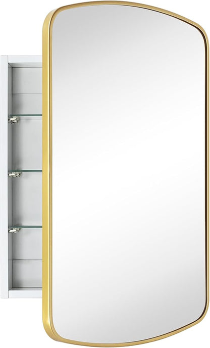 Brushed Gold Arched Recessed and Surface Mount Bathroom Medicine Cabinet with Mirror Metal Framed Rectangular Bathroom Cabinet with 3 Tempered Glass Adjustable Shelves 18x27''
