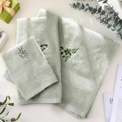 3 Pcs Eucalyptus Leaves Bathroom Towel Set, Embroidered Decor