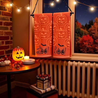 2 Pack Halloween Hand Towels 100% Cotton Jacquard Ghost Halloween Kitchen Towels White Bathroom Towels Set Seasonal Bathroom Decor (Yellow Pumpkin, Halloween)