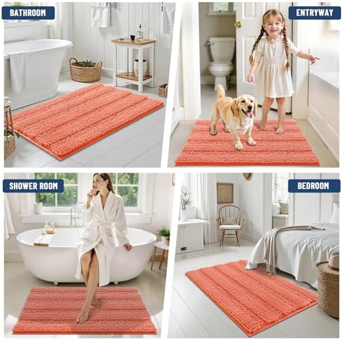 Grandaily Chenille Striped Bathroom Rugs 30x20, Extra Thick and Absorbent Bath Mats, Non-Slip Soft Plush Shaggy Shower Carpet, Machine Wash Dry, Bath Rug for Bathroom, (Medium, Coral Orange)