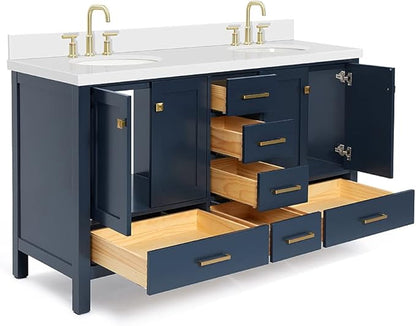 ARIEL Cambridge 60-inch Bathroom Vanity with Sink,Solid Wood, 1.5-inch Pure White Quartz Countertop & Backsplash, Double Oval Porcelain Sink, 4 Soft Closing Doors, 6 Dovetail Drawers, Midnight Blue