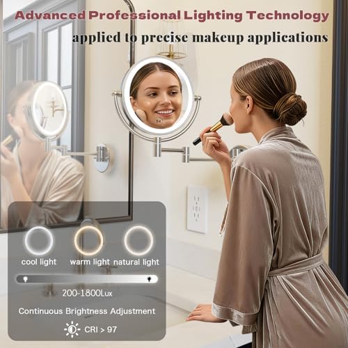Wall Mounted Lighted Makeup Mirror, 1/5X Magnifying, Brass Brushed Nickel