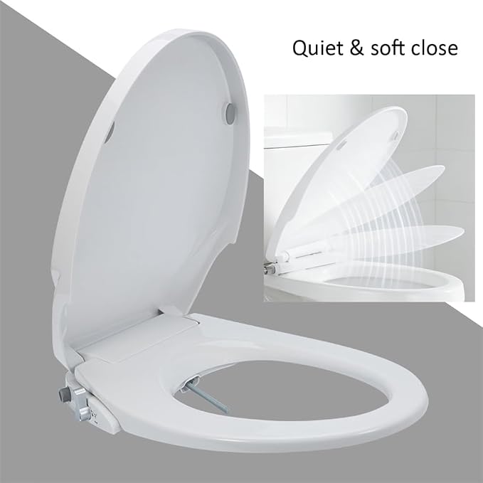 Non-Electric Bidet Toilet Seat Attachment with Dual Nozzles, Quiet Slow Close Toilet Seat, Adjustable Water Pressure, Easy Installation (Round)