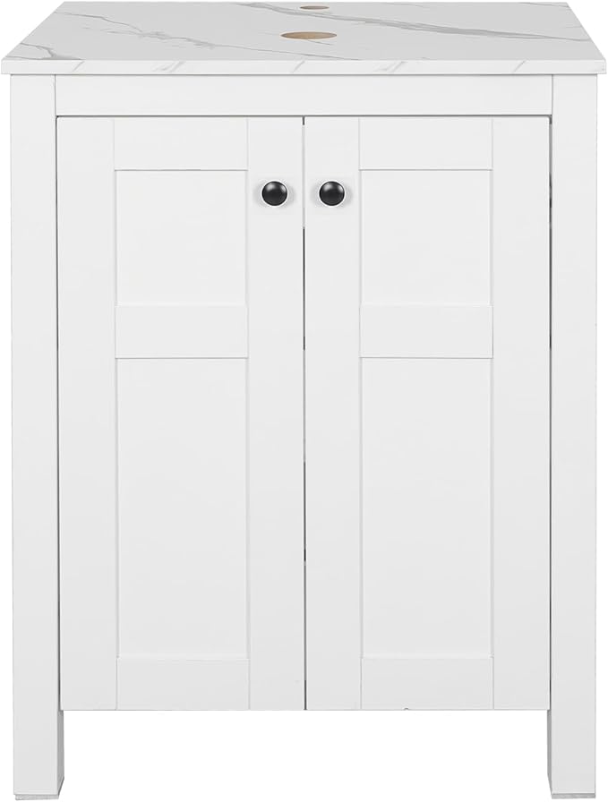 24" White Bathroom Vanity with Marble Texture Top, Traditional Standing Pedestal Cabinet Without Sink