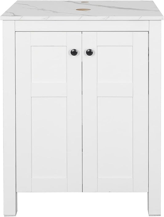 24" White Bathroom Vanity with Marble Texture Top, Traditional Standing Pedestal Cabinet Without Sink