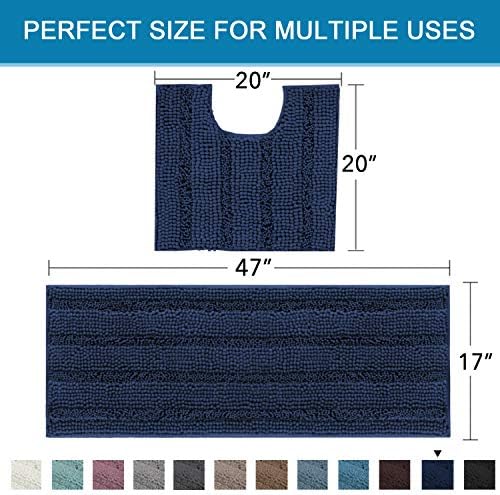 H.VERSAILTEX Bathroom Rugs Bath Rug Set 2 Piece Bathroom Contour Rug Toilet Mat Sets Non Slip Contour Bath Rug Ultra Thick Water Absorbent Striped Bath Mats Washable(47" x 17" Plus 20" x 20" U, Navy)