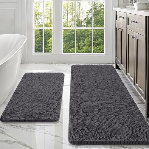 OLANLY Chenille Bathroom Rugs Mats Sets 2 Piece, 47"x20"+30"x20", Dark Grey