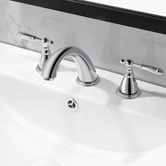 Chrome 8 Inch 3 Hole Widespread Bathroom Faucet with Metal Pop Up Drain, Lesd Free Bathroom Sink Lavatory Faucet, WF008-4-C