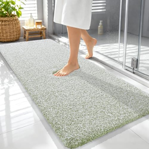OLANLY Microfiber Bathroom Rugs 59x24, Quick Dry Mat, Sage Green and White