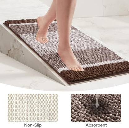 HOMEIDEAS Brown Bathroom Rugs Set of 2, Striped Chenille, 20"x32"+17"x24"