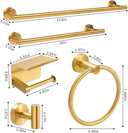 Gold 8-Piece Bathroom Hardware Set Stainless Steel, 24in and 16in Towel Bars Set Wall Mounted Bathroom Accessories