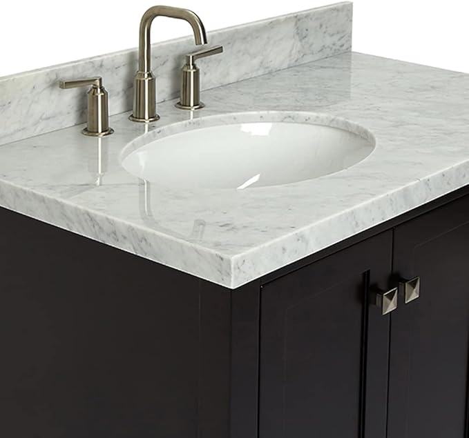 ARIEL Cambridge 36-inch Bathroom Vanity with Sink,Solid Wood, 1.5-inch Italian Carrara Marble Countertop & Backsplash, Single Oval Porcelain Sink, 2 Soft Closing Doors, 5 Dovetail Drawers, Espresso