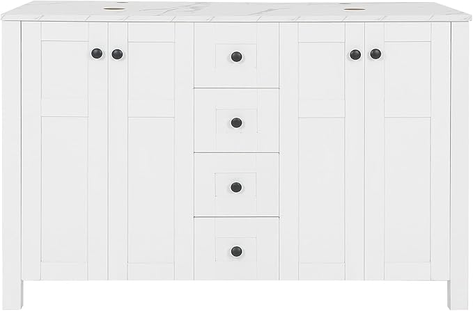 48 inch White Bathroom Vanity with Marble Texture Top and 4 Drawers, Modern Standing Pedestal Cabinet Without Sink
