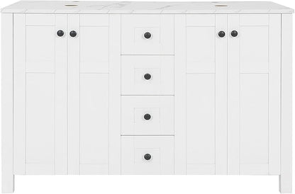 48 inch White Bathroom Vanity with Marble Texture Top and 4 Drawers, Modern Standing Pedestal Cabinet Without Sink