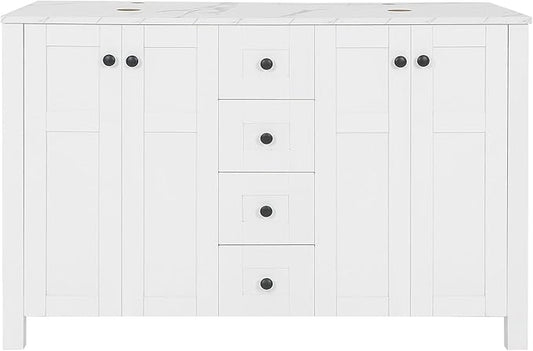 48 inch White Bathroom Vanity with Marble Texture Top and 4 Drawers, Modern Standing Pedestal Cabinet Without Sink