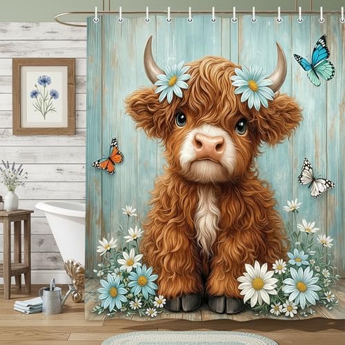 Cute Cow Shower Curtain, Farmhouse Rustic Floral Teal Daisy Funny Highland Cow Shower Curtains for Bathroom, Calf Country Plant Farm Animal Bathroom Decor with Hooks, 54x72 inch