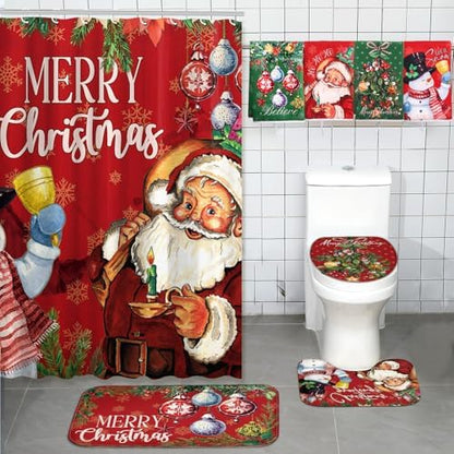 FuWeave 8 Pcs Christmas Shower Curtain Set Bathroom Decor