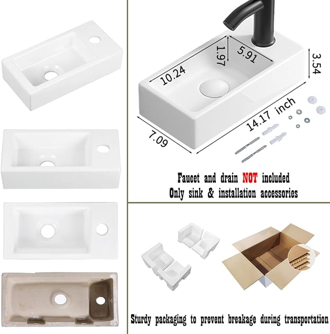 14"x7" Small Bathroom Sink Wall Mount Bathroom Sink Rectangle Ceramic Wash Basin floating Mini Vessel Sink for Bathrooms, Right Hand