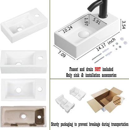 14"x7" Small Bathroom Sink Wall Mount Bathroom Sink Rectangle Ceramic Wash Basin floating Mini Vessel Sink for Bathrooms, Right Hand