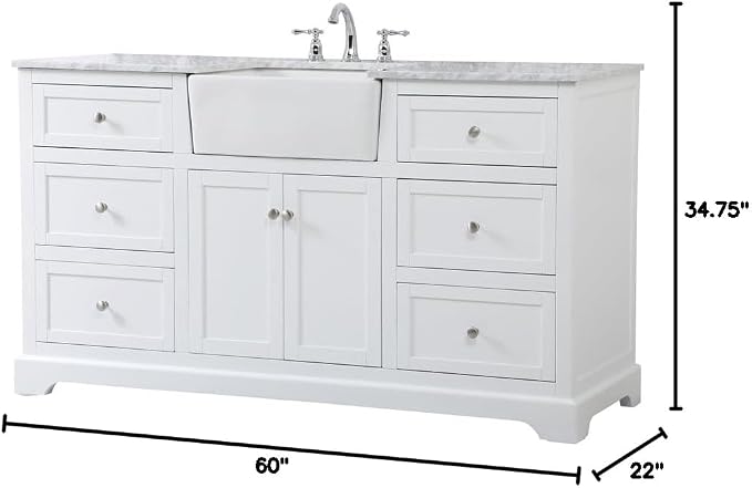 60" Pre-Assembled Bathroom Vanity with Sink, Solid Birch and MDF, Carrara White Marble Countertop Attached, Single Rectangle Porcelain Sink, 6 Soft-Close Drawers, White