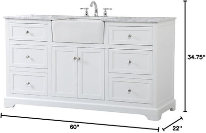 60" Pre-Assembled Bathroom Vanity with Sink, Solid Birch and MDF, Carrara White Marble Countertop Attached, Single Rectangle Porcelain Sink, 6 Soft-Close Drawers, White