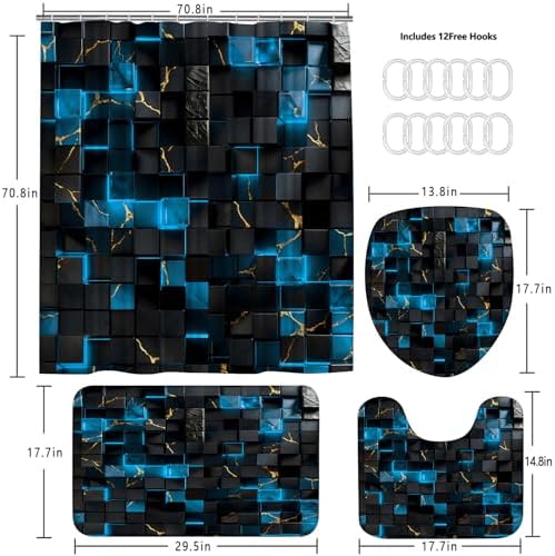 LQCOOL 4Pcs Black and Blue Shower Curtain Set 3D Cubes Bathroom Sets Modern Shower Curtain Set for Bathroom Sets with Rugs and 12 Hooks