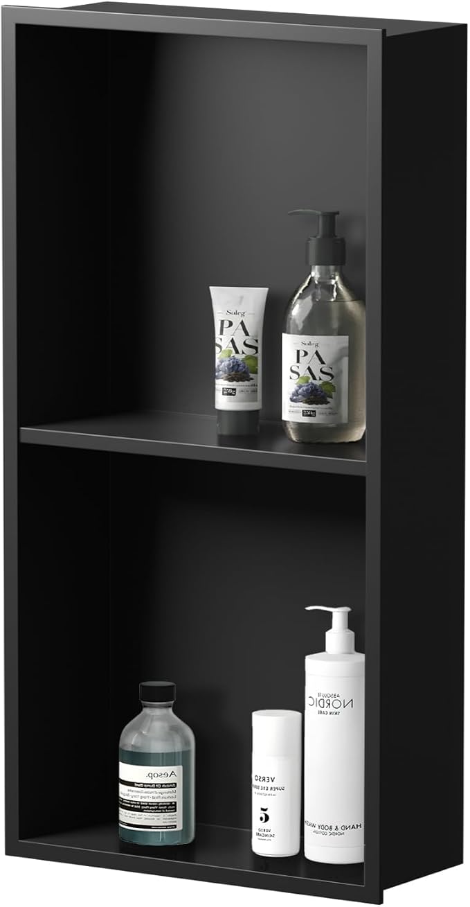 304 Stainless Steel Recessed Shower Niche 24" X 12" No Tile Needed | Waterproof Rustproof Matte Black Bathroom Niche for Shower Double Shelves, for Shower Wall &Bathroom Storage and Space Saving