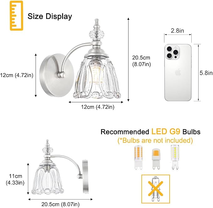 Vintage Wall Sconces Set of Two, Brushed Nickel Bathroom Vanity Light Fixtures, Hardwired Sconces Wall Deco Set of 2, Glass Wall Lights for Bathroom, Bedroom,Hallway (Excludes G9 Bulb)