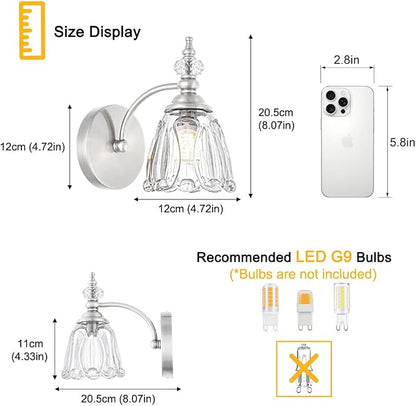 Vintage Wall Sconces Set of Two, Brushed Nickel Bathroom Vanity Light Fixtures, Hardwired Sconces Wall Deco Set of 2, Glass Wall Lights for Bathroom, Bedroom,Hallway (Excludes G9 Bulb)