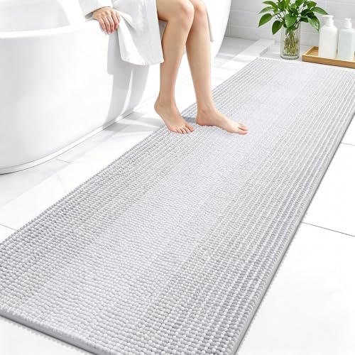 OLANLY Bathroom Runner Rugs 70x24, Chenille Striped Bath Rugs, Light Grey