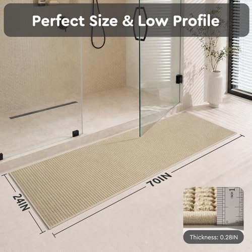 tchdio Bathroom Runner Rug, Absorbent Washable Thin Bath Mat, Non Slip Quick Dry Bath Rugs with Solid Rubber Backing, Low Profile Bath Mat, Beige, 24" x 70"